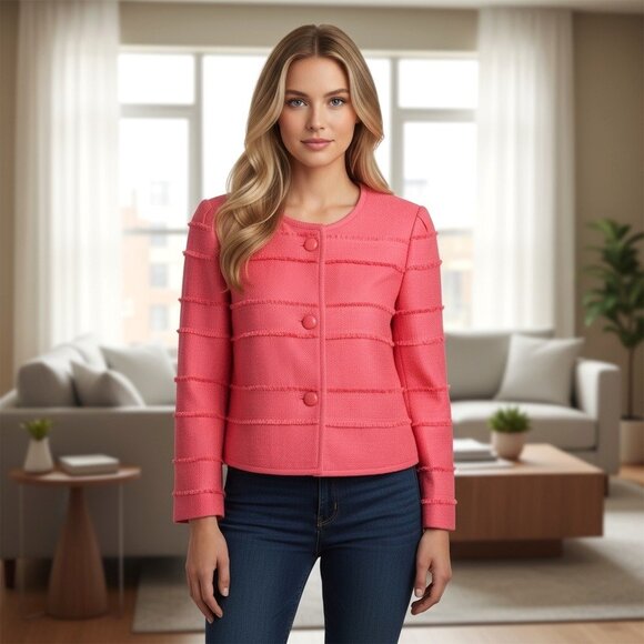 J. Crew Cropped Coral Blazer Lined - Fringe Trim - Size 10 - Picture 2 of 9